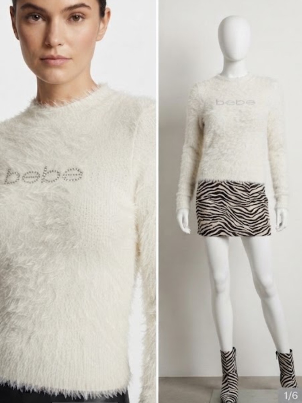 Bebe Vtg Sz M White Fuzzy Eyelash Knit Sweater Rhinestone Logo